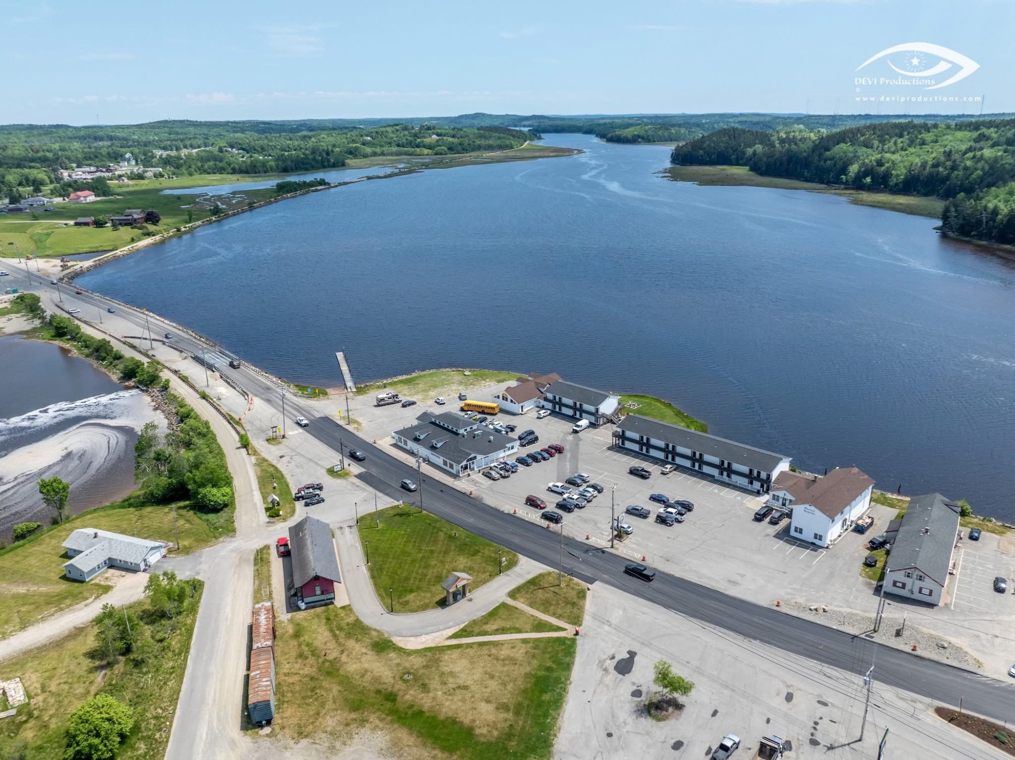 Aerial view of Machias River Inn and the Machias River